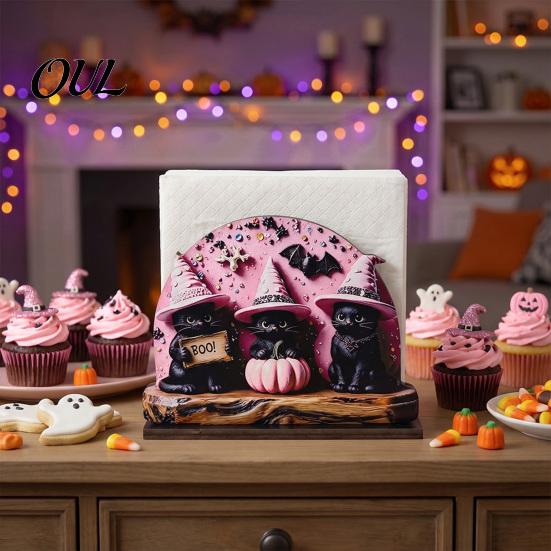 Ghost Napkin Stand Halloween Wood Holder, Pumpkin Black Cat Gnome Dispenser, Funny Holder Spooky Standing Tissue for Holiday Kitchen Dining Room Decor