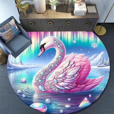 1pc Soft, Absorbent & Non Slip Aurora and Graceful Swans Round Rug Soft Circle Rug for Living Room & Bedroom Decor, Chair Mats, and Unforget