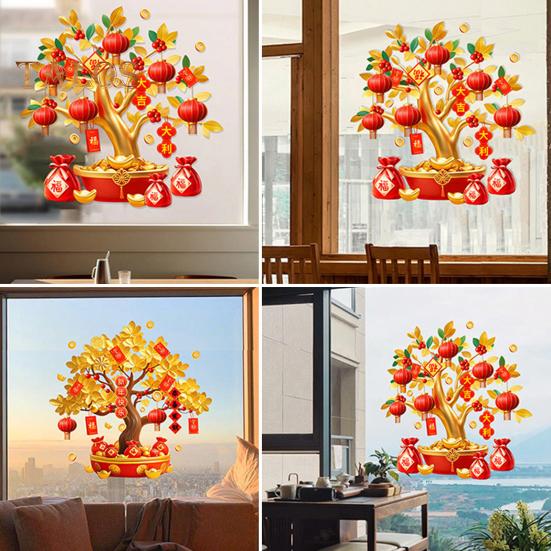 Autocolant pentru fereastră de Anul Nou chinezesc Autocolant static arbore bogăție Decal neadeziv pentru fereastră pentru uși din sticlă, pereți, mobilier, decor festiv