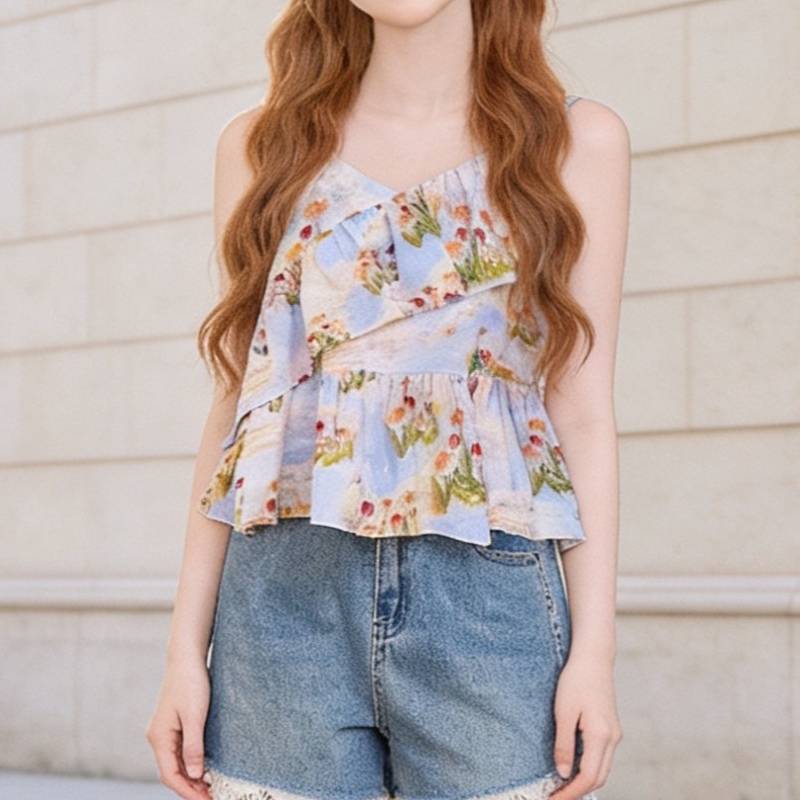 Summer Floral Ruffle Sleeveless Tank Top For Women With Polyester Fabric