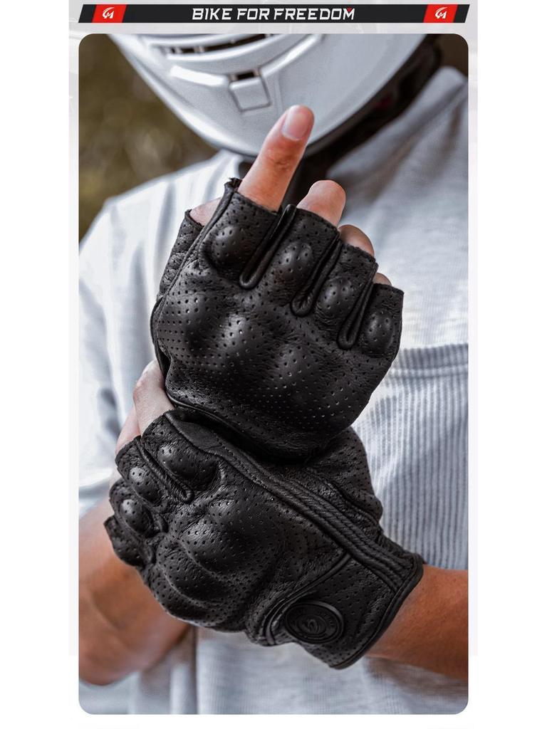 GMBIKER Genuine Leather Retro Motorcycle Half-Finger Gloves - Anti-Fall, Breathable, Full-Finger Optional for Summer Riding