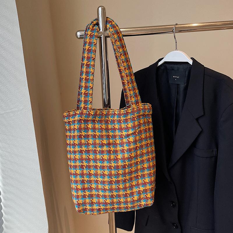 

Ретро Ins Повседневная клетчатая сумка через плечо Новая сумка Женская простая модная сумка-ведро на осень и зиму