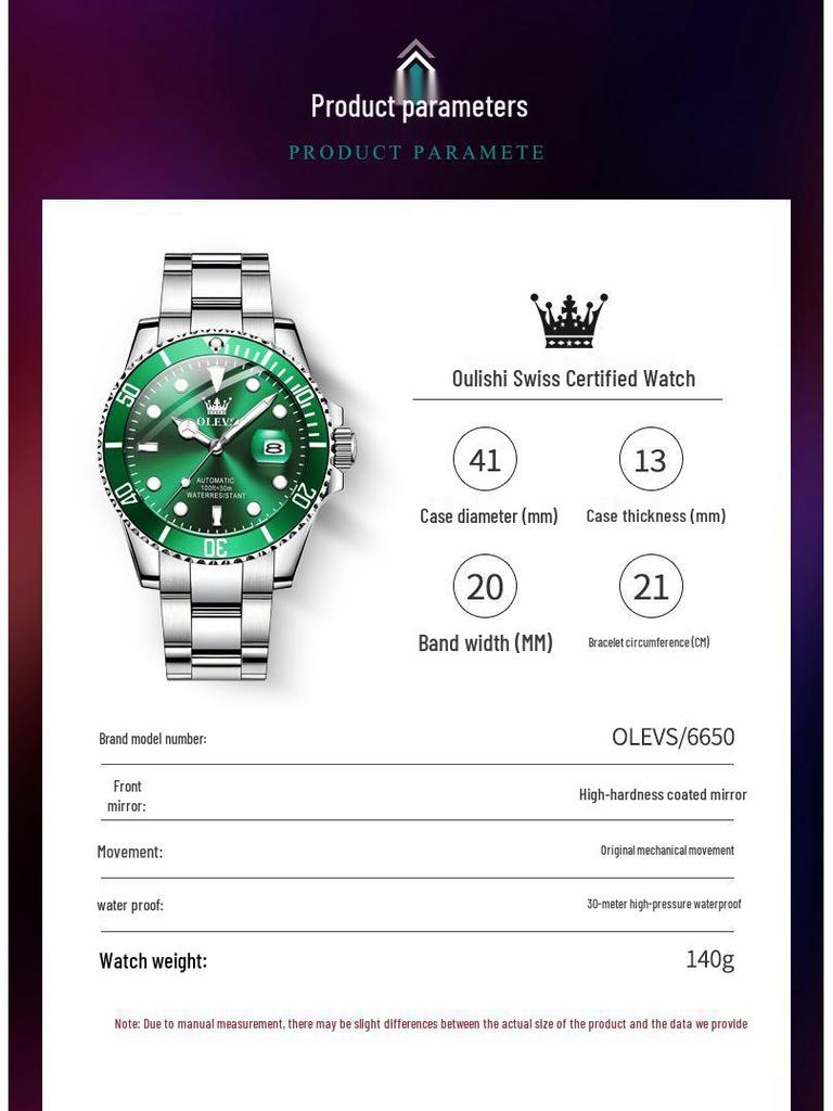 Oliss Green Water Ghost Automatische Leuchtende Wasserdichte Herrenuhr