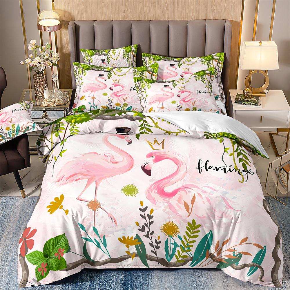 Double Duvet Cover And Pillowcases For Girls,Flamingo And Parrot Bedding,Bird Flowers And Trees Print,Dropship Wholesale,200x200