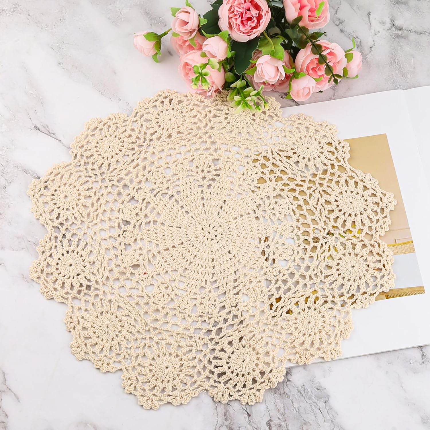 1-Pack Vintage Lace Placemats - 15.7 Large Crochet Lace Tablecloth Doilies - Handmade Embroidered Round Table Overlay for Dining, Tea Party,