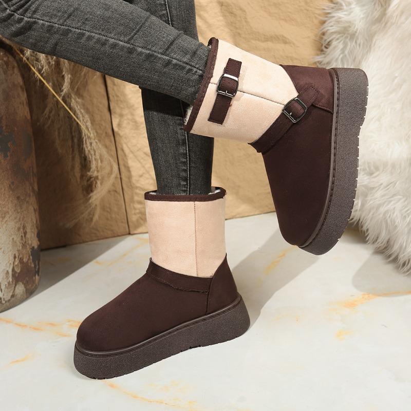 Fashion Multi-color Platform Snow Boots Winter New Round Toe Suede Sleeve Metal Buckle Non-slip Cotton Boots