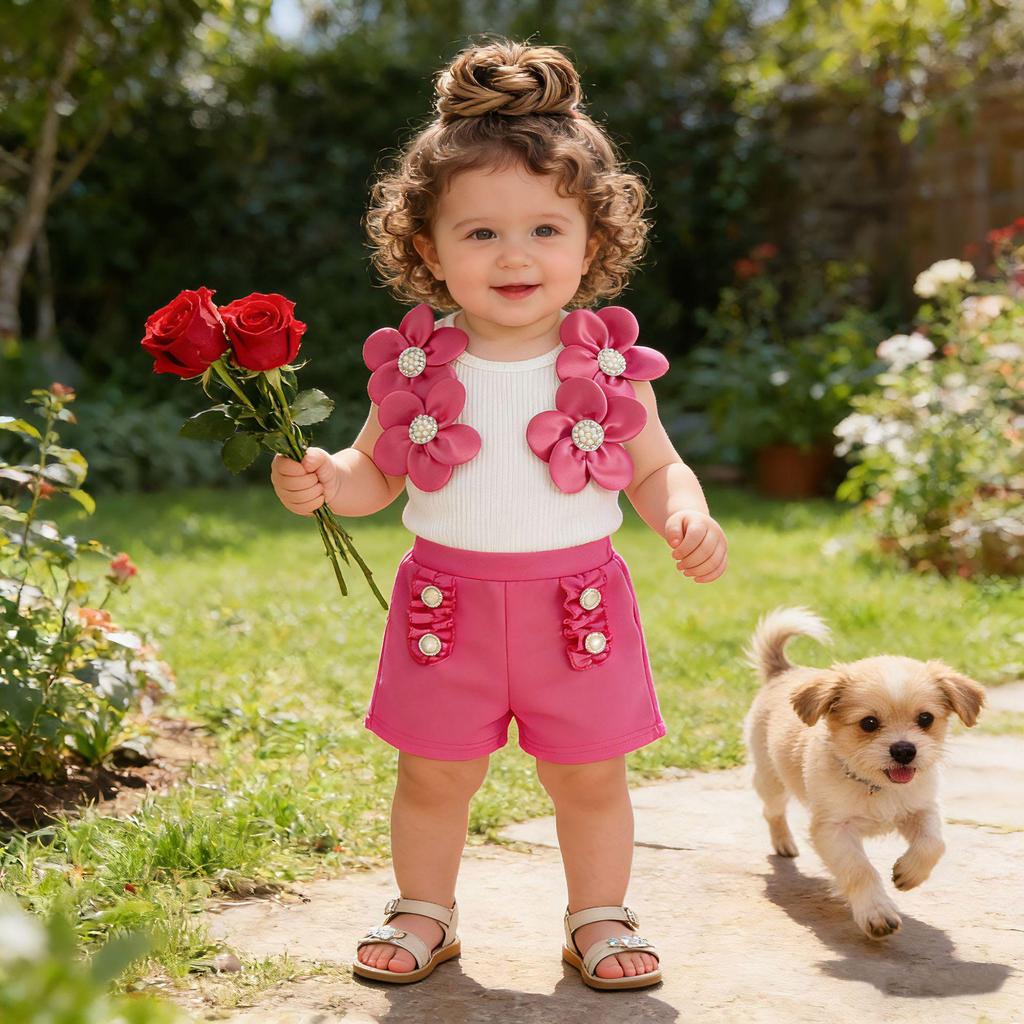 Sweet Baby Girl Sleeveless Ribbed Top & Lace Button Shorts Set