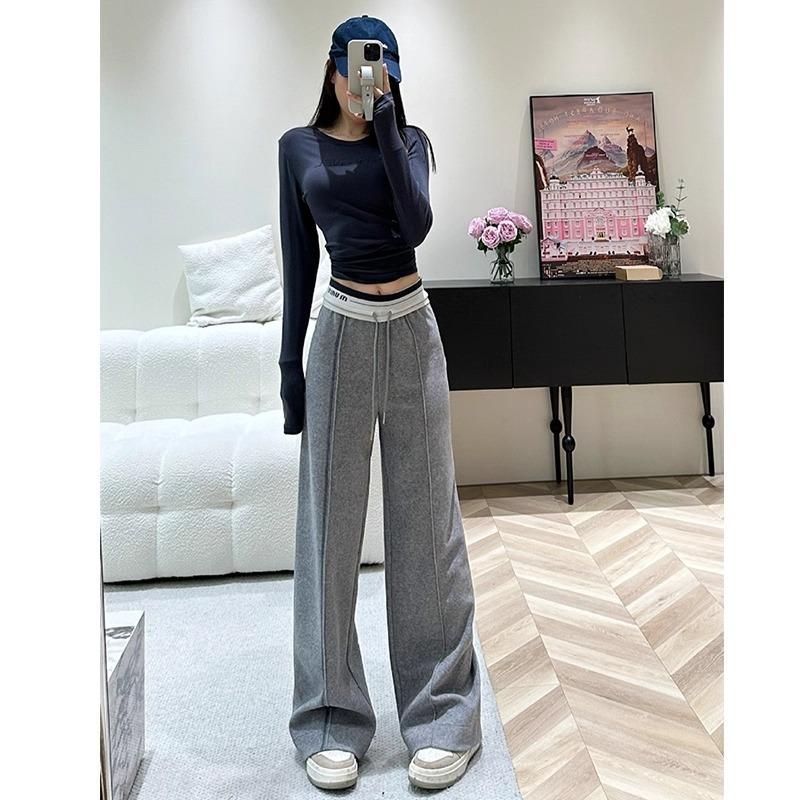 Wide-leg pants women's spring and autumn new high-waisted drawstring loose and thin versatile mopping straight casual pants