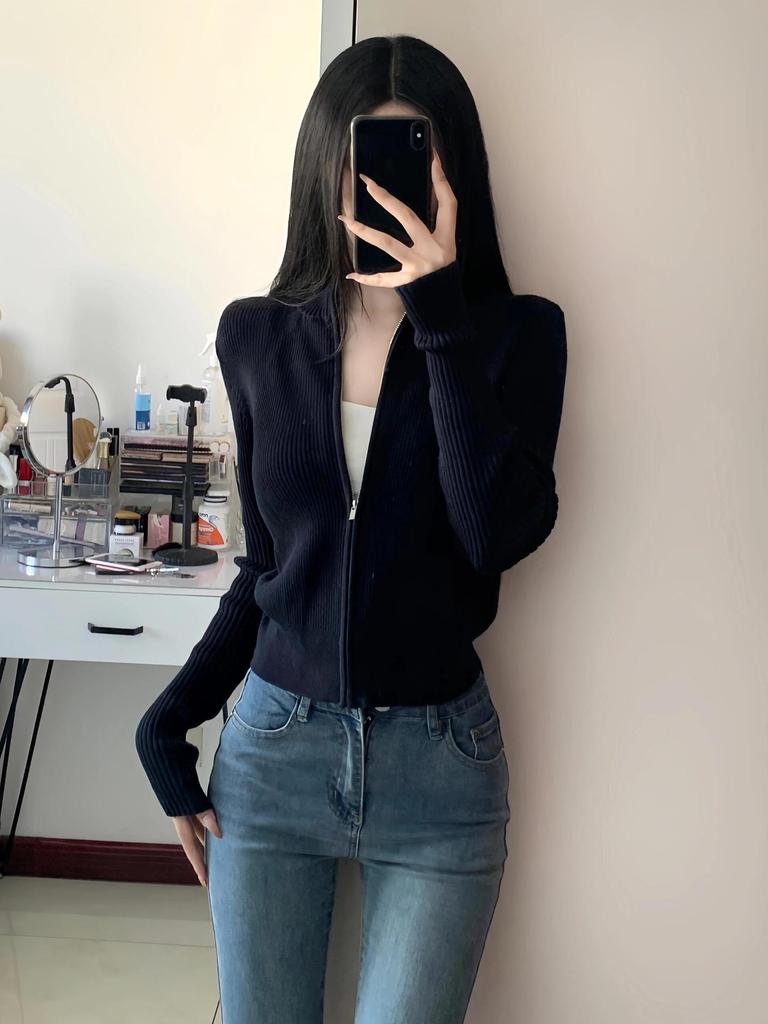 Korean-Style Soft Zipper Knit Cardigan for Women - Autumn/Winter Academy Casual Hoodie Sweater