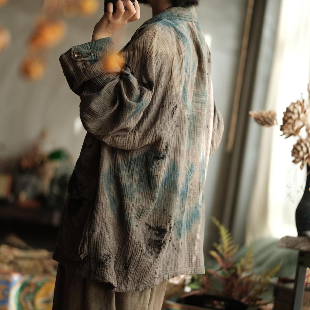 Ancient Falling Mud Light Retro Lapel Cotton-Linen Jacket with Pockets, Plant-Dyed Ash Tone