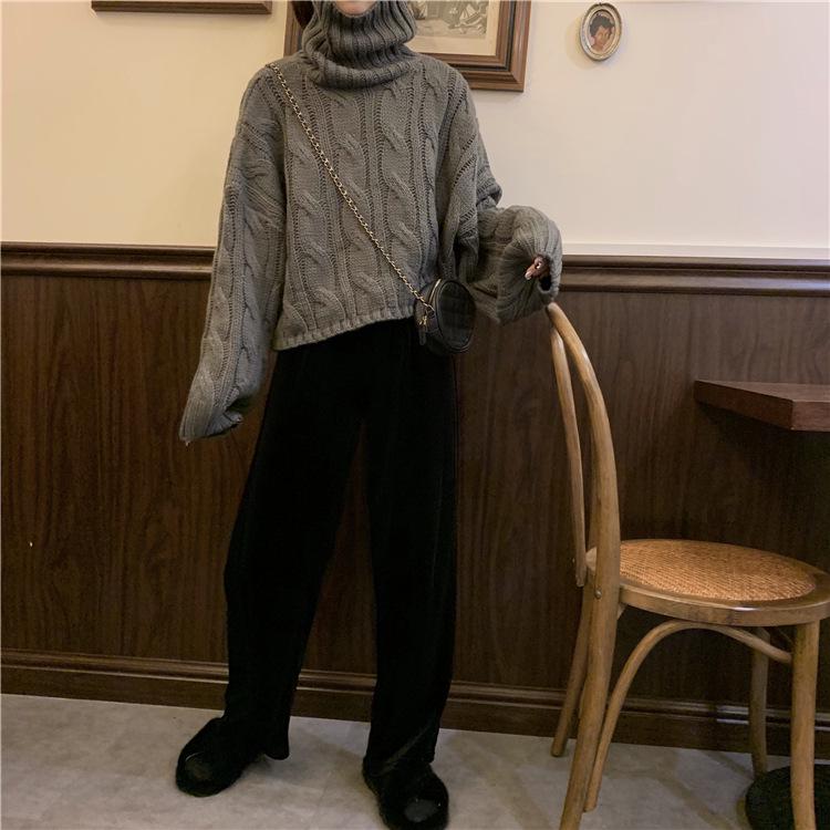 2024 Autumn/Winter Korean Style High Neck Cable Knit Pullover - Loose Fit for Students, Trendy and Lazy Style