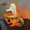 Retro Halloween Light Ghost Reading Book Lamp, Stained Glass Style Night Light, Resin Spooky Warm Orange Pumpkin Bedside Lamp for Bedroom, Living
