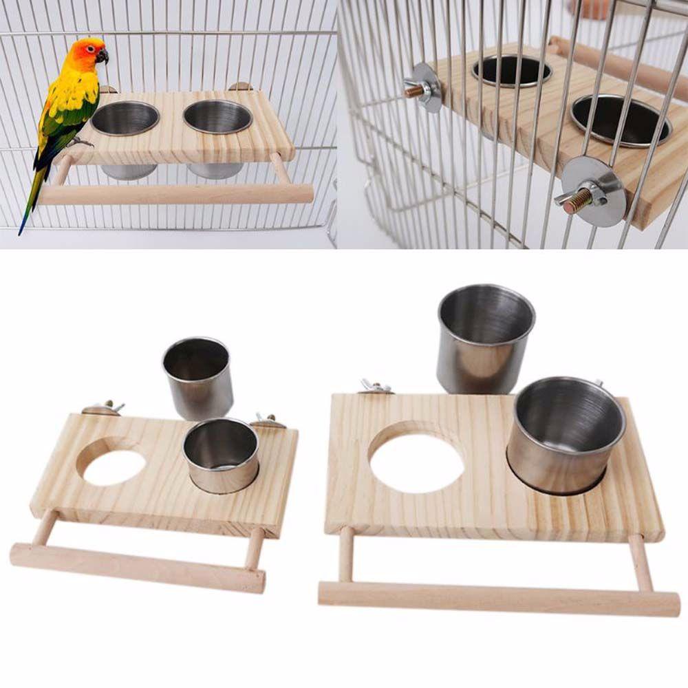 Stainless Steel With Wooden Platform Water Dish Feeding Cup Pet Product Bird Feeder Hanging Bowl