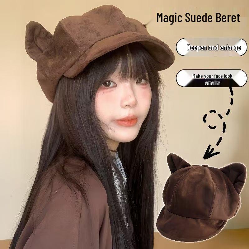 Autumn/Winter Japanese Cute Bear Ears Suede Octagonal Painter Hat - Women's Simple, Versatile & Face-Flattering Design