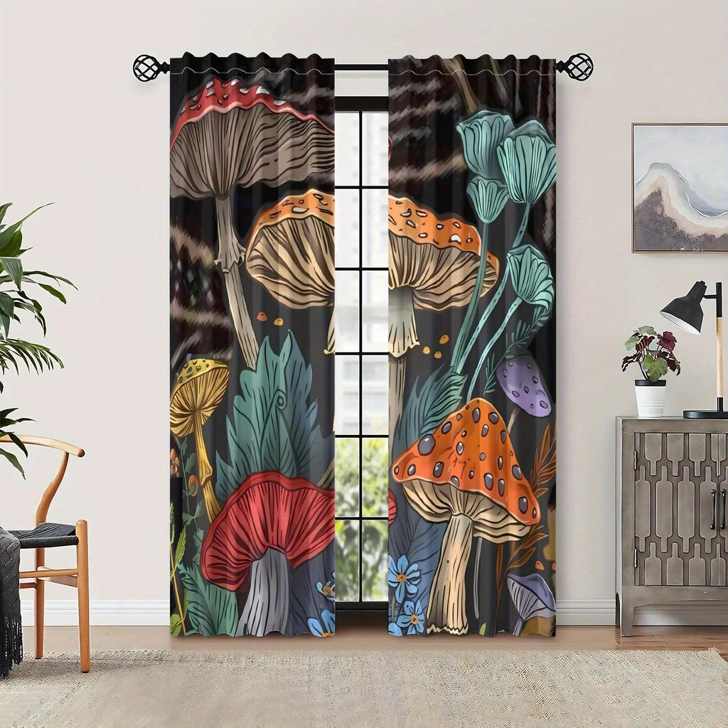 2pcs Vintage Mushroom Print Blackout Curtains - Whimsical Forest Design, Dark Background with Colorful Mushrooms & Flowers