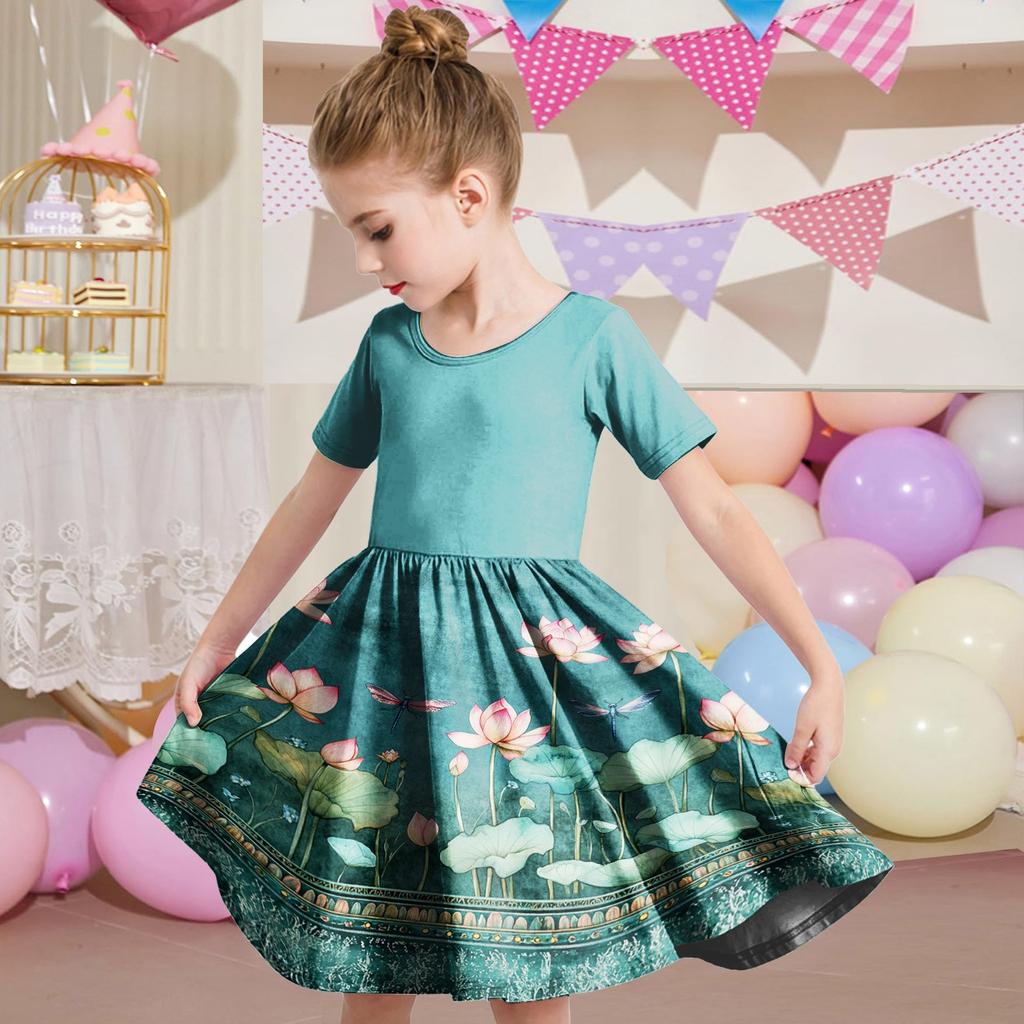 Girl Summer Dress Toddler Skater Dress Color Short Sleeve Casual A-Line T-Shirt Dress