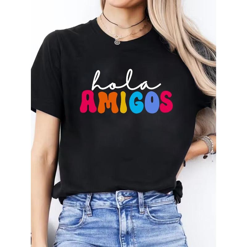 Women s Spanish Alphabet Print T-Shirt - Spanish Letter - Short Sleeve Round Neck Blouse, Spring Summer Casual Casual Attire S чёрный