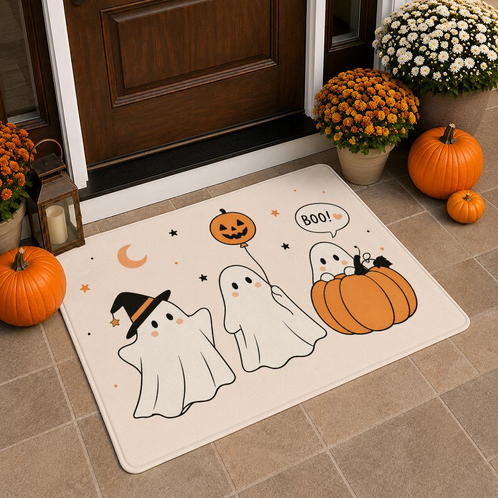 Cute Ghost Crew with Pumpkins in Kawaii Halloween Floor Mat Soft Flannel Non Slip Absorbent Entryway Bathroom Bedroom Garage