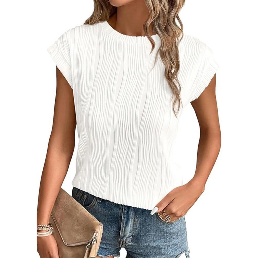 New Women's Solid Textured Loose Crew Neck Short Sleeve T-shirt Top, Casual Summer Tops for Women, European American Style