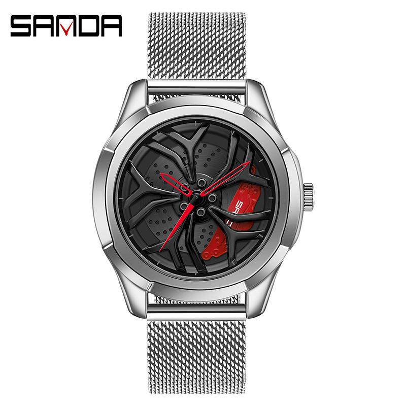 Sanda Men's Fashion Quartz Watch, Mesh Strap, Waterproof, Outdoor Casual, Hollow Wheel Dial.