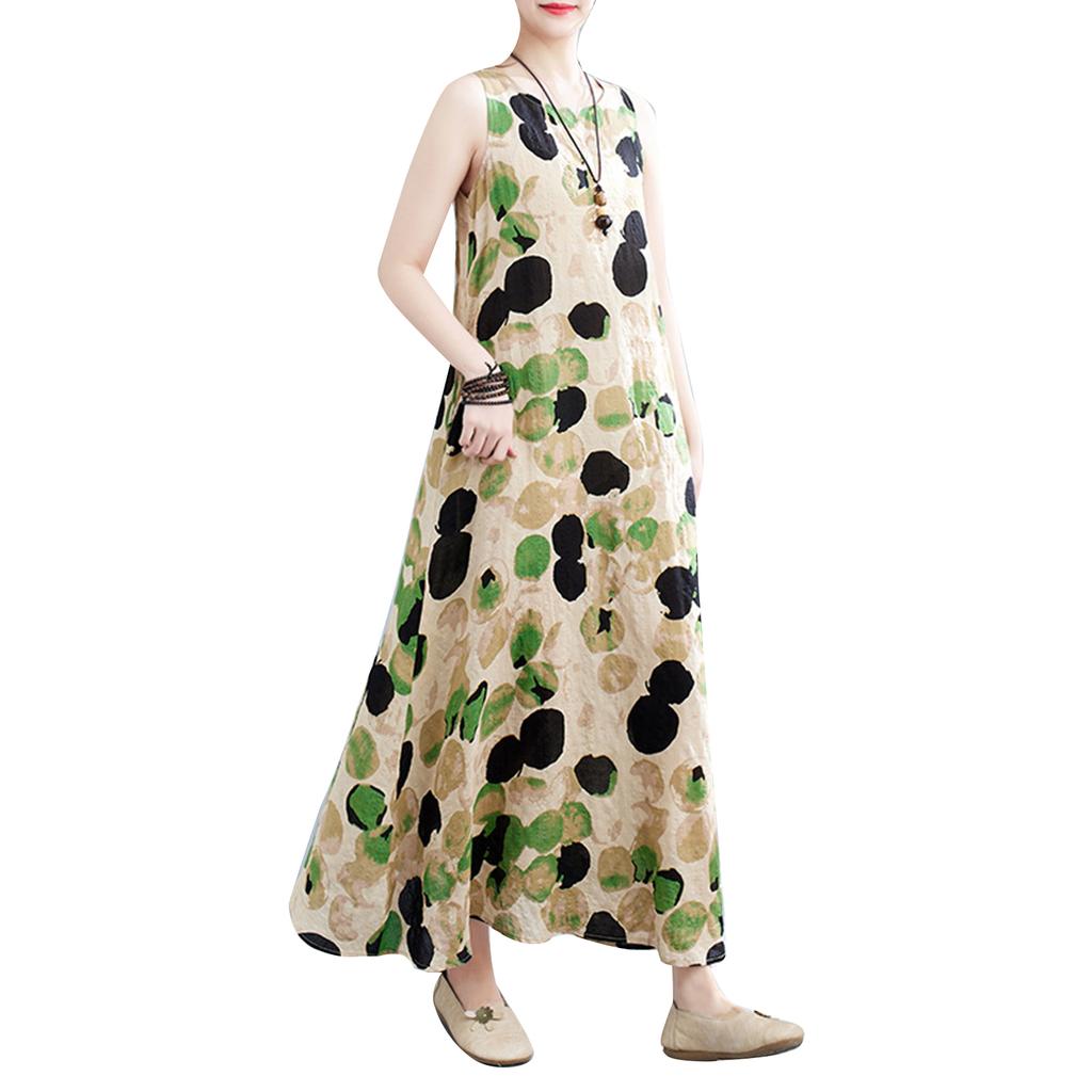 Vestido bohemio retro Mujer Floral Algodón Seda Sin mangas Chaleco informal Vestido Vestidos de verano para mujer