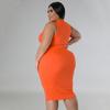 Plus Size Orange Ribbed Sleeveless Round Neck Bodycon Midi Dress