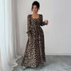 Cross-border European and American elegant leopard print long sleeve and long skirt dress women's wear  Autumn/Winter  independent site