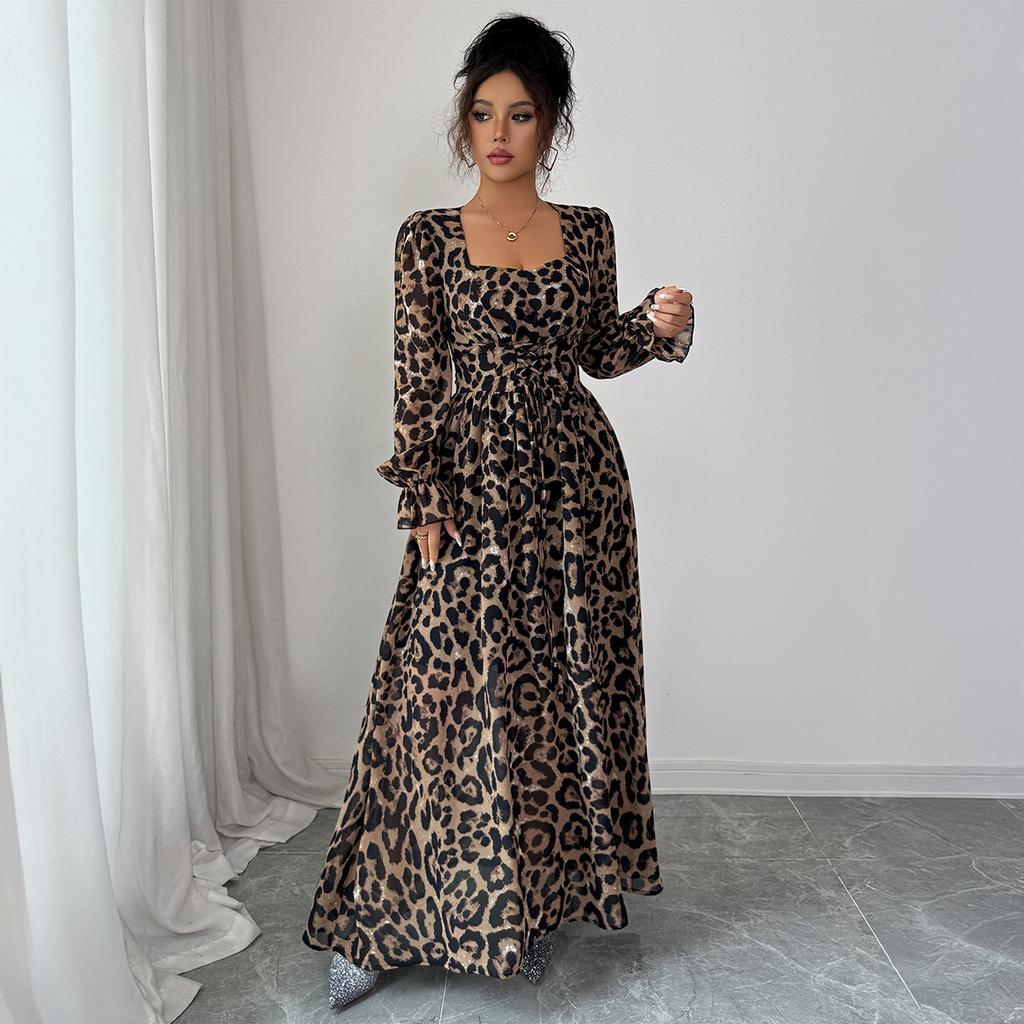 Cross-border European and American elegant leopard print long sleeve and long skirt dress women's wear Autumn/Winter independent site