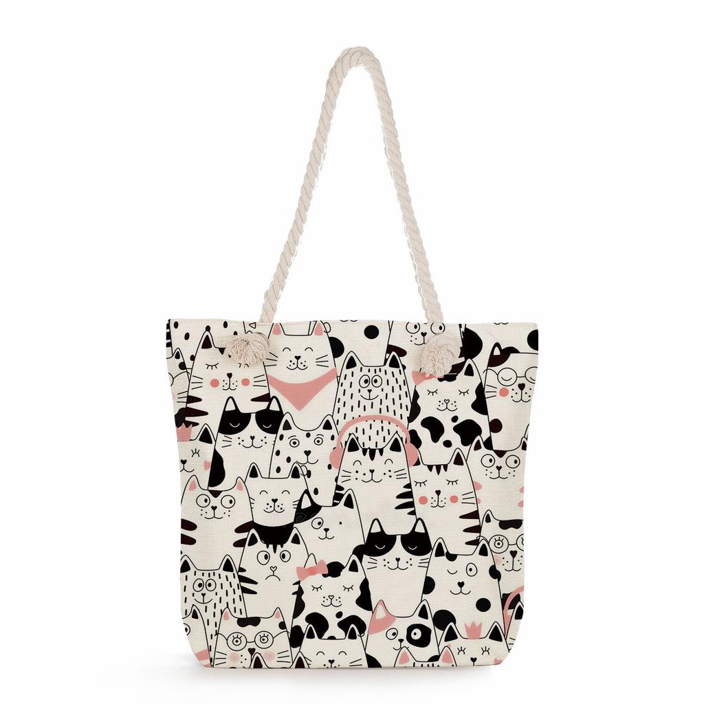 Cartoon cat print thick rope single-shoulder beach bag 7252