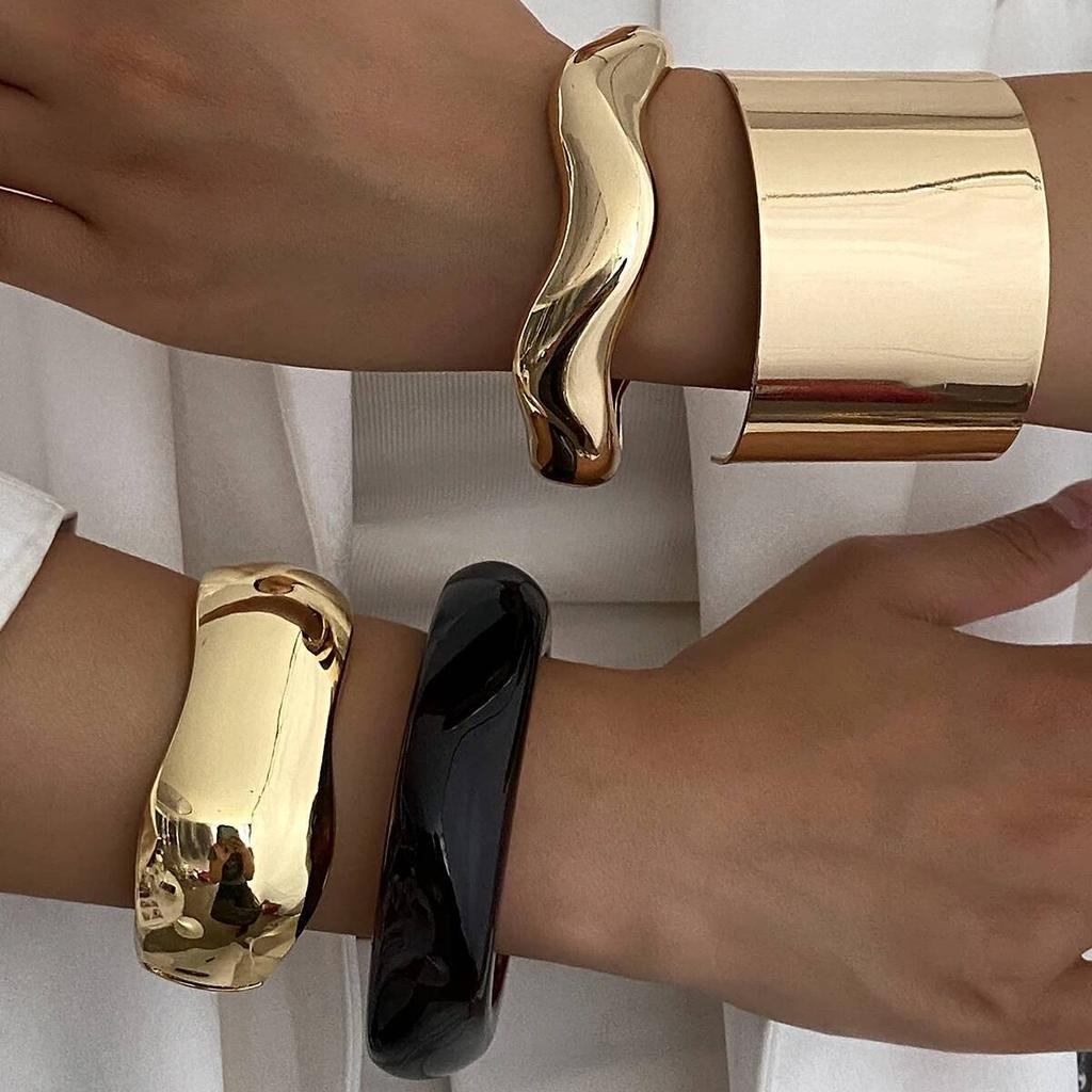 IngeSight.Z 4 Styles Exaggerated Punk Irregular Wide Cuff Chunky Bangles Women Vintage Gold Color Spring Bracelet Grunge Jewelry