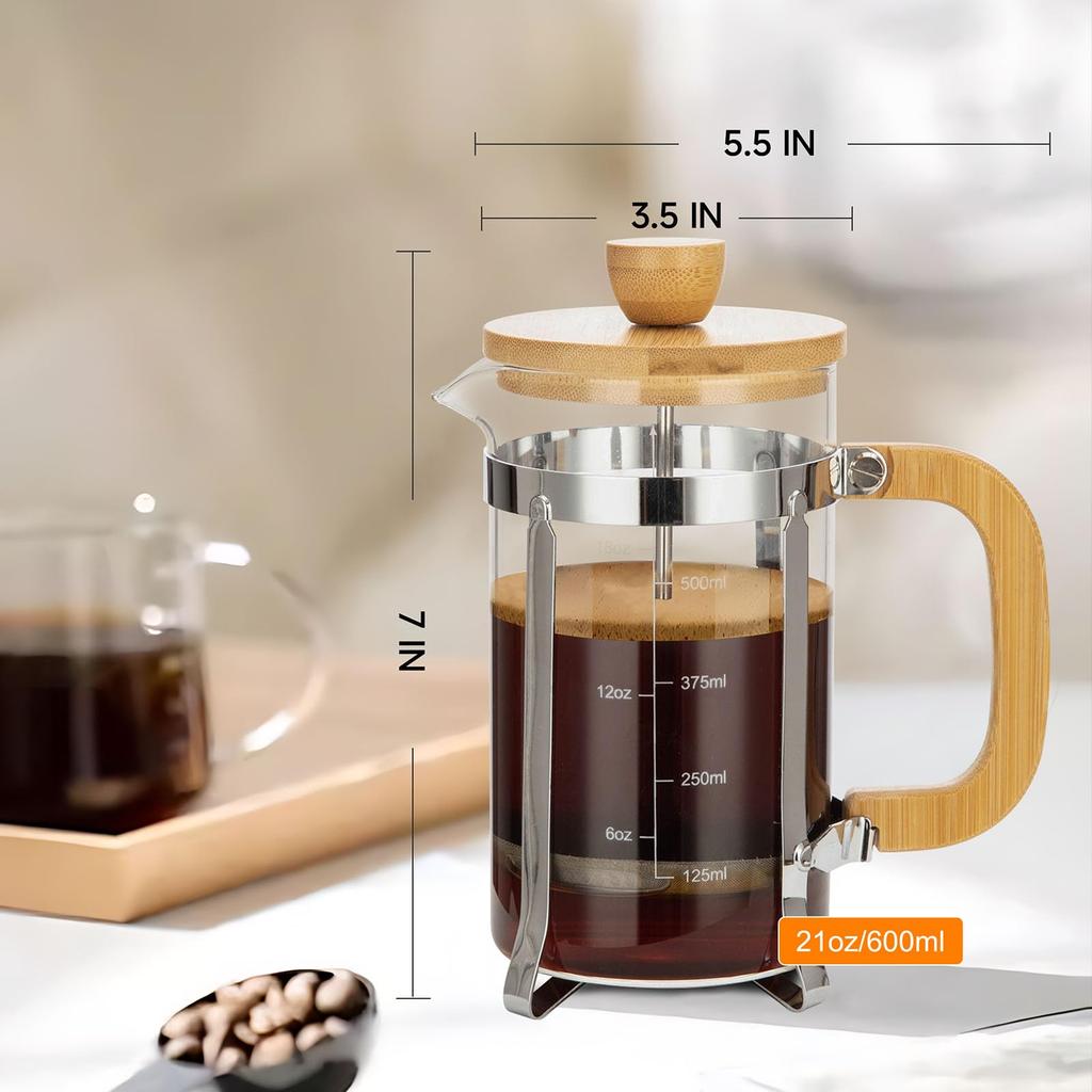 350/600ml French Press Coffee Maker,Durable Bamboo Lid Handle Coffee Pot With Filter System,Heat Resistant BPA-Free Glass Teapot
