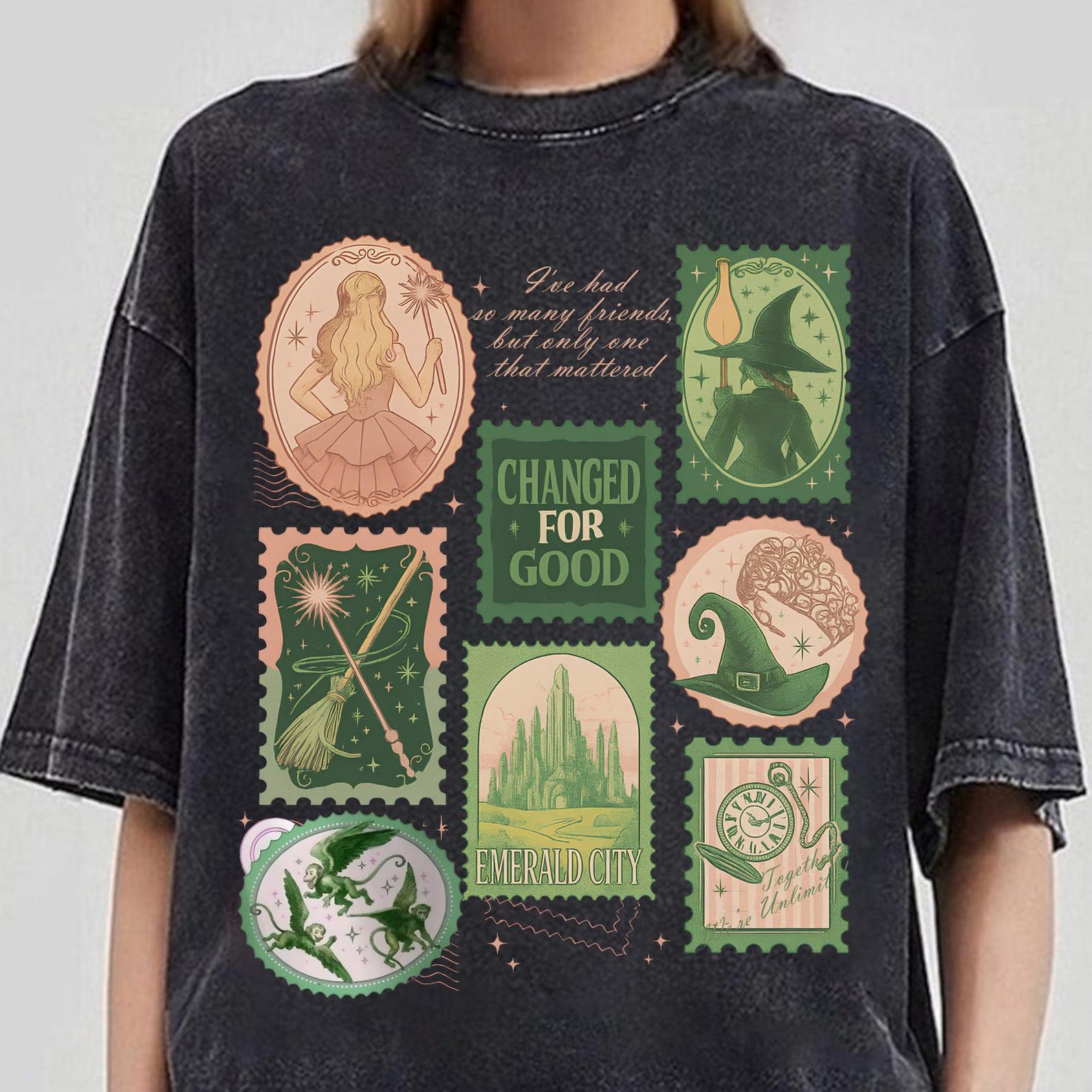 Wicked Change For Good Stamps, Broomstick Magic Wand, Defy Gravity Broomstick Magic Wand, Wizard Movie Fan Tee, Wicked Fan Gift M