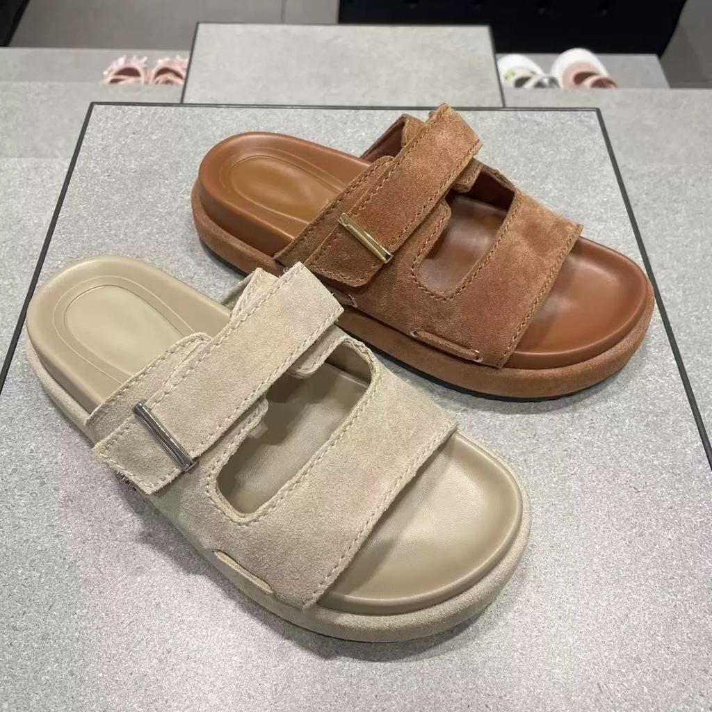 Genuine Leather Korean Version of Birkenstock One-word Slippers for Women To Wear 2025 New Summer Thick-bottomed Open-toed Casual Beach Sandals