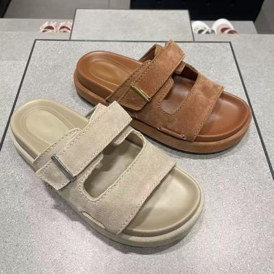 Натуральная кожа корейская версия шлепанцев Birkenstock на одно слово для женщин для ношения 2025 новые летние на толстой подошве с открытым носком повседневные пляжные сандалии