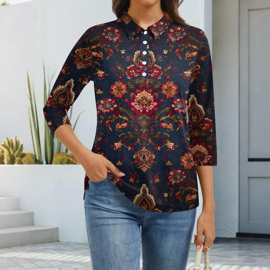 Dámská móda Ležérní klopa Krátký 3/4 rukáv Potisk Košile Dámské zapínací topy