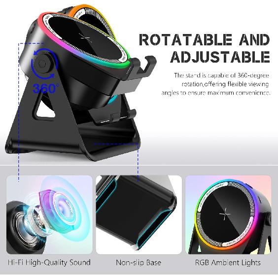 MRMORALE Wireless Induction Speaker, Multifunctional Bluetooth Phone Holder with RGB Light & 360° Rotation, HD Surround Sound, Compatible with