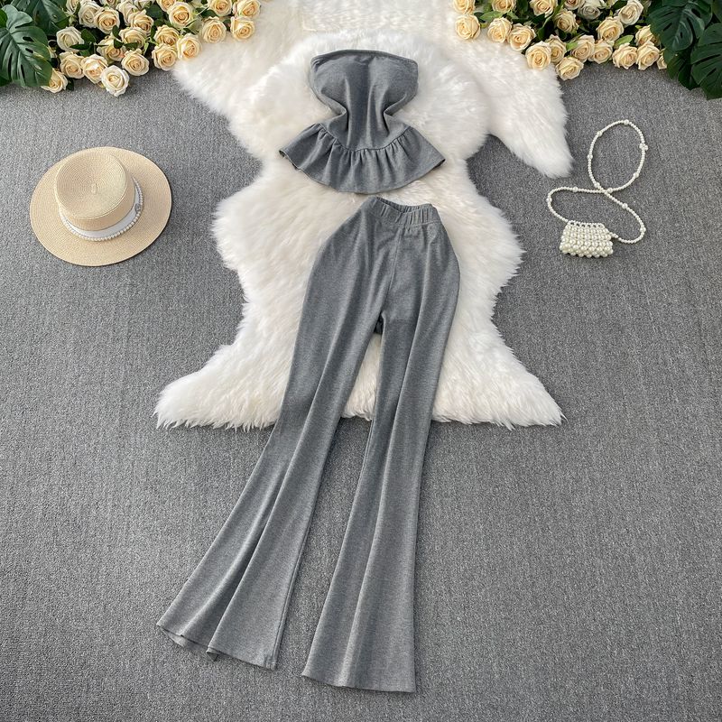 

Western Style Shoulder Strap Chest Pad Tube Top Vest Women Niche Frill Top + Slimming Trumpet pants Two-piece Set Grey All yards