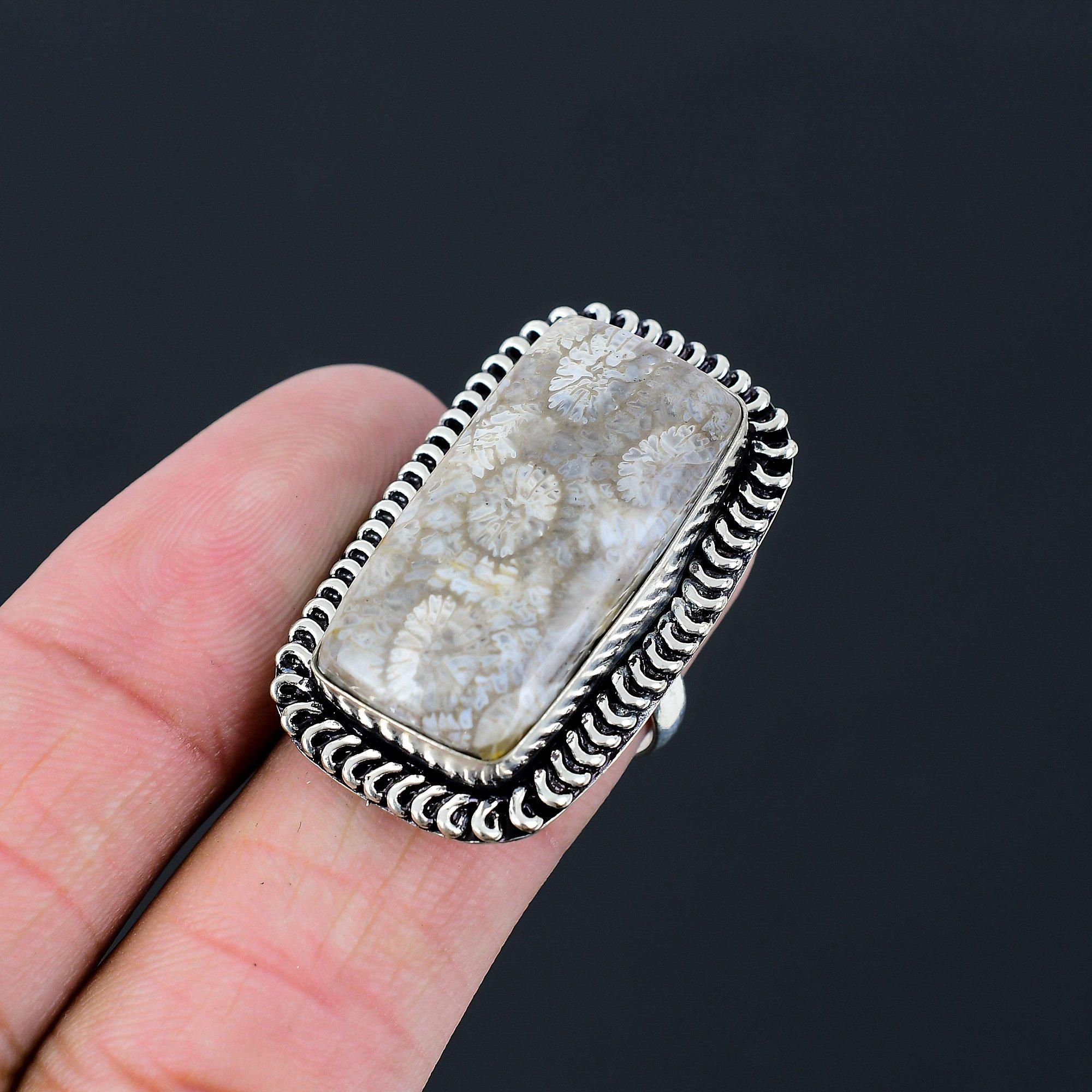 Sterling Silver Fossil Coral Gemstone Promise Stackable Ring Jewelry Size 7.5 7.5
