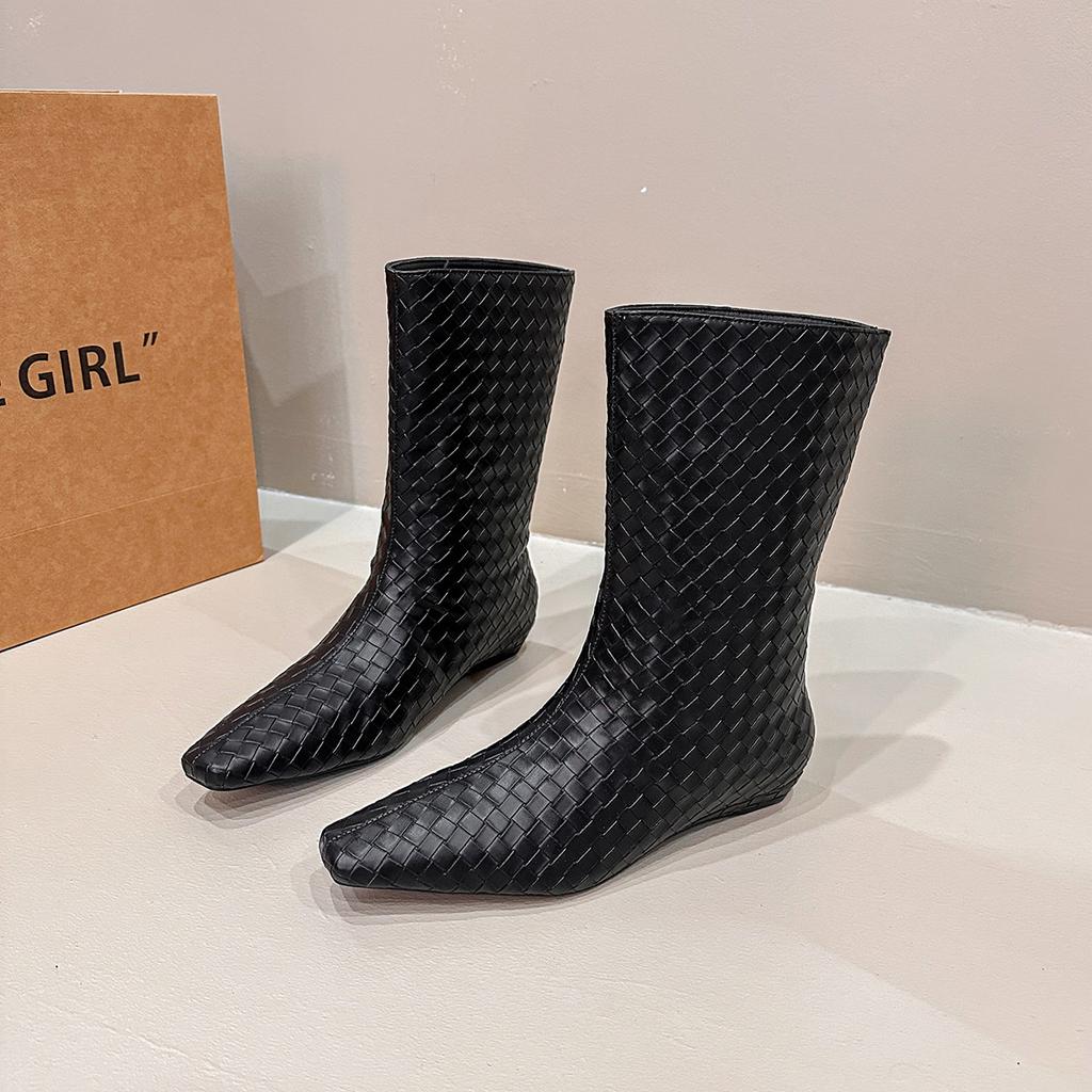 2025 Winter New Knitted Women's Boots Loose Sleeve Slope Heel Straight Tube Mid Sleeve Boots Fashion Western Knight Boots