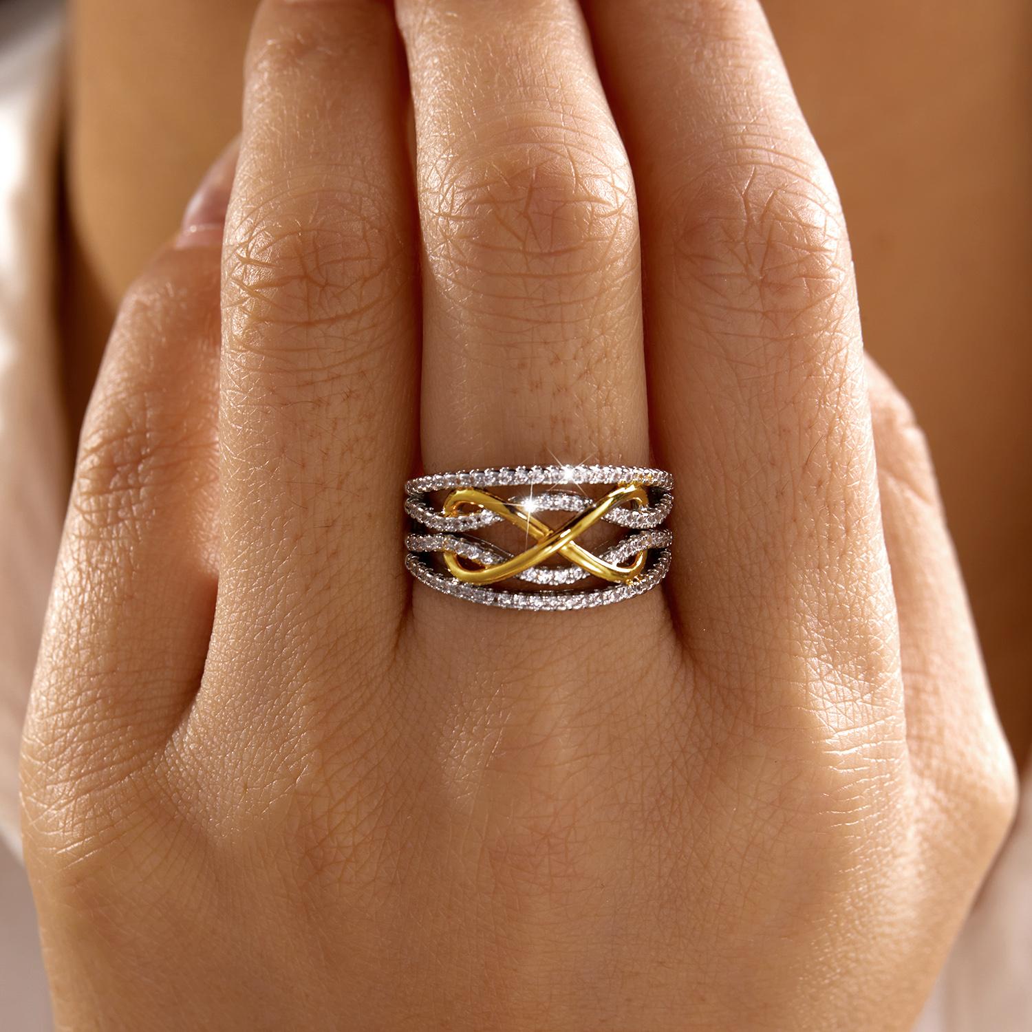 Mixed Tone Geometric Crossover Ring for Women Brass Zircon Multi Strand Wide Band Statement Fashion Stacking Jewelry 7