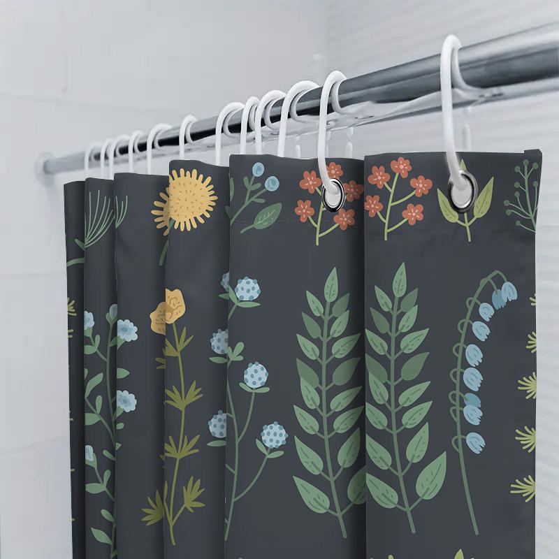 Waterproof Fabric Shower Curtain With Floral Design For Bathroom Decoration Dark Green Background, Multicolor Flowers Size Custo