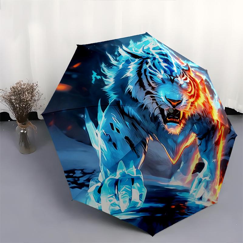 1pc Flaming Ice Tiger Pattern Automatic Umbrella is Fashionable and Good-Looking,  Suitable for Travel and Daily UseA104