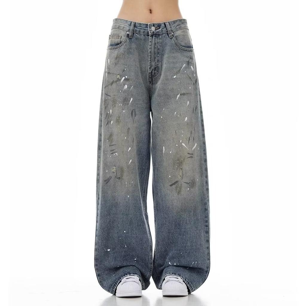 Chaolun cloth men's jeans American high street trendy brand retro washed old loose and versatile straight wide-leg trousers