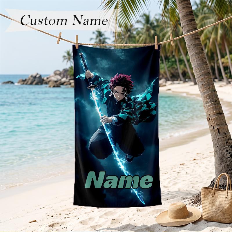 Tanjiro Custom Name Printed Beach Towel Personalized Soft Towel For Swimming Beach Travel