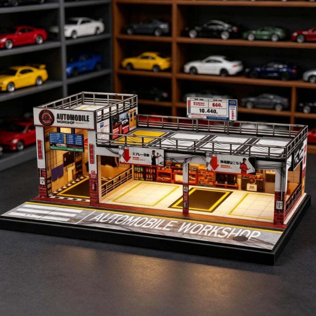 Miniature Parking Workshop 1:64 Scale DoubleLayer Model Rooftop Railings Garage Building