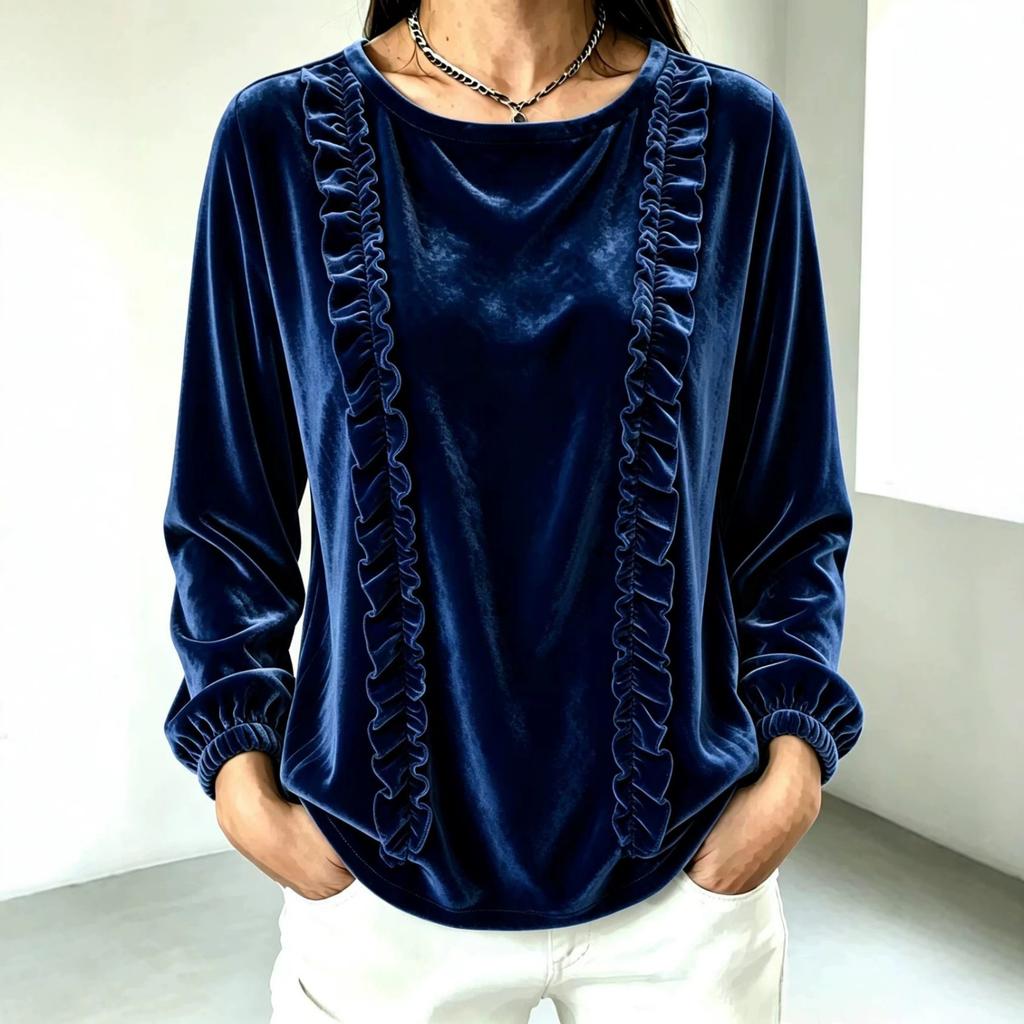 Women's Fashion Color Long Sleeve Ruffle Trim Top for Casual Everyday Wear
