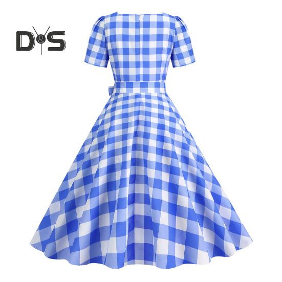Damen Vintage-Kleid mit Karomuster, quadratischem Kragen, kurzärmelig, Midikleid mit hoher Taille und Schleifendekor, A-Linie, Swing-Kleid