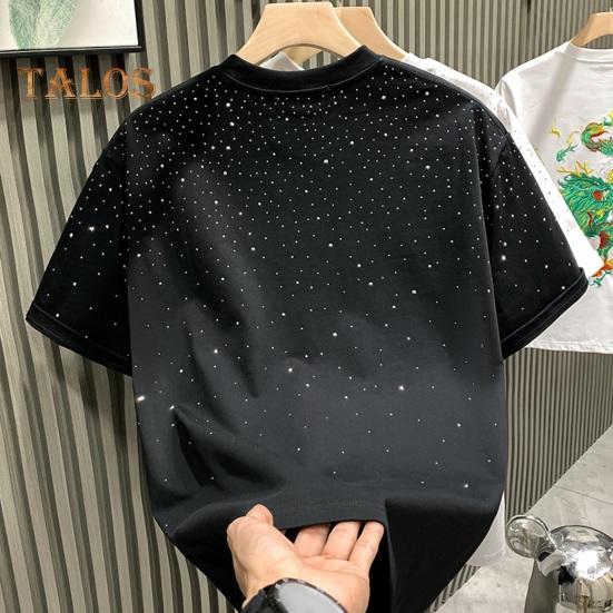 Summer Men T-shirt Rhinestone Decor Round Neck Loose Pure Color Short Sleeves Pullover Casual Mid Length Daily Wear Sport Top