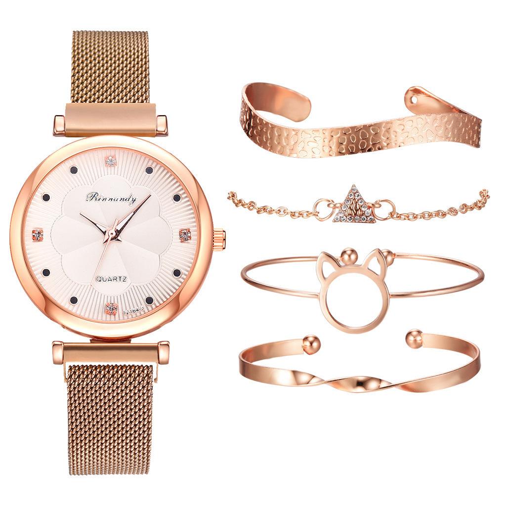 5Pcs/set Women's Simple Mesh Belt Magnet Quartz Watch + Bracelet Set Quartz Watch