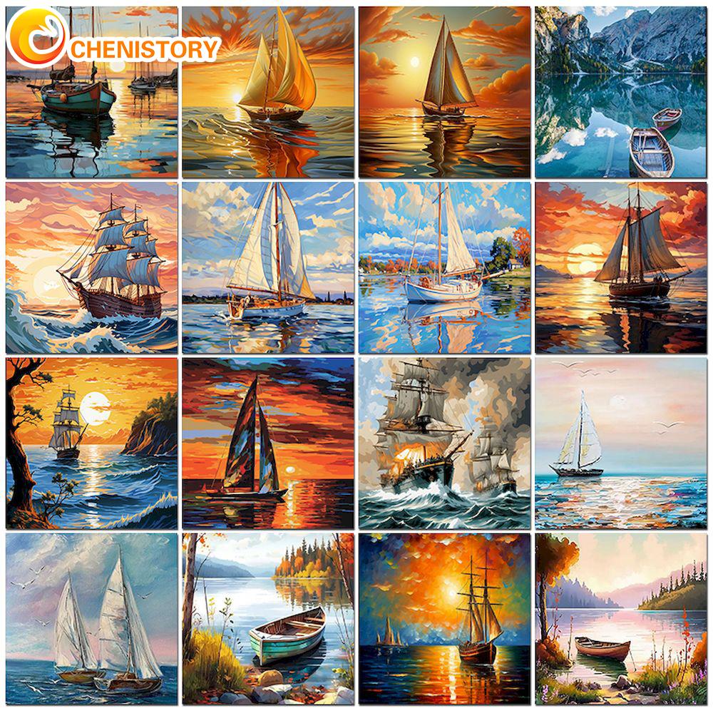 CHENISTORY Hand Painting Sailboat In Bedroom Living Room Landscape Painting By Numbers Kit DIY Artwork Canvas Home Decoration